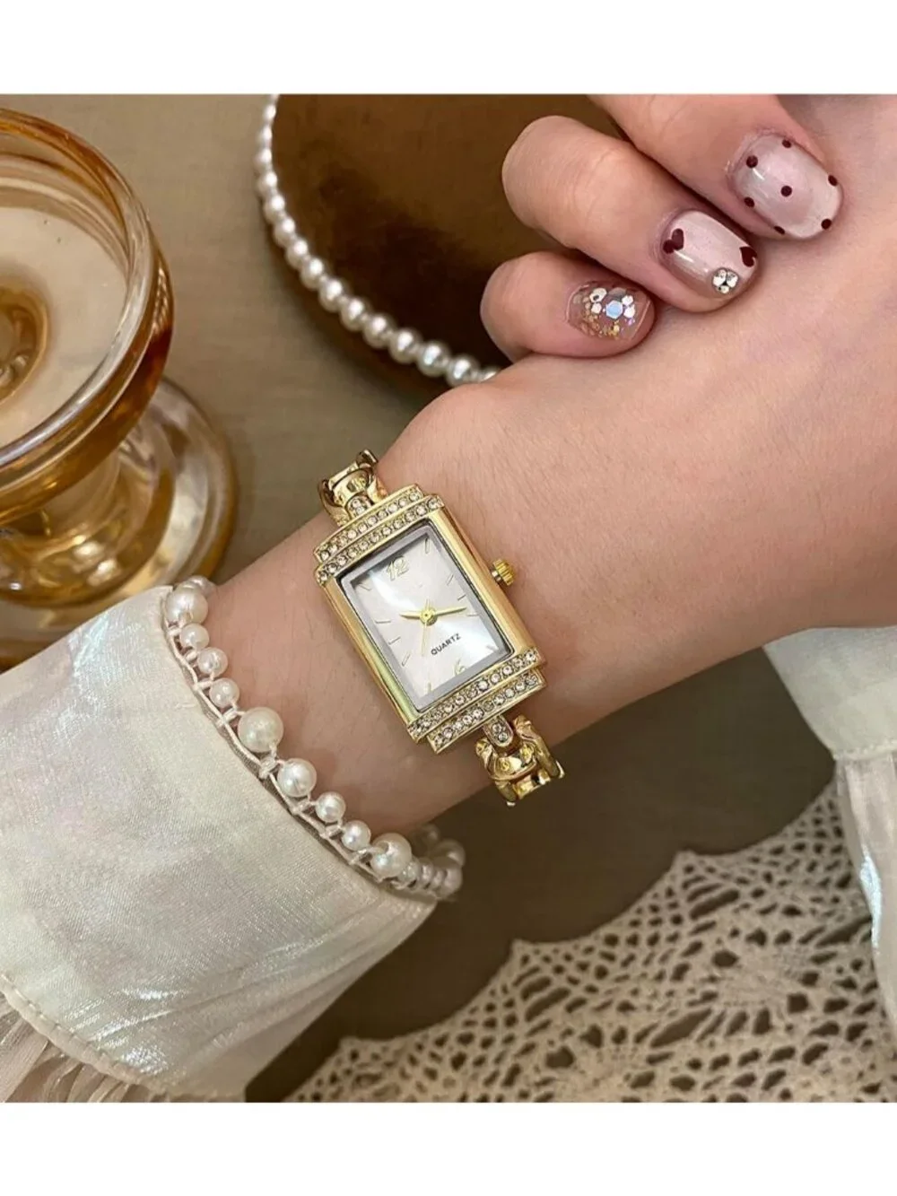 Women's Gold White Vintage Rectangular Bracelet Luxury Crystal Quartz Wristwatch